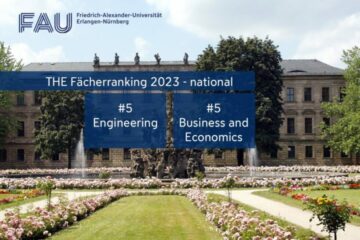 Erlanger Schloss mit Schlossgarten, eingeblendeter Text zu den THE Fächerranking Ergebnissen der FAU 2023