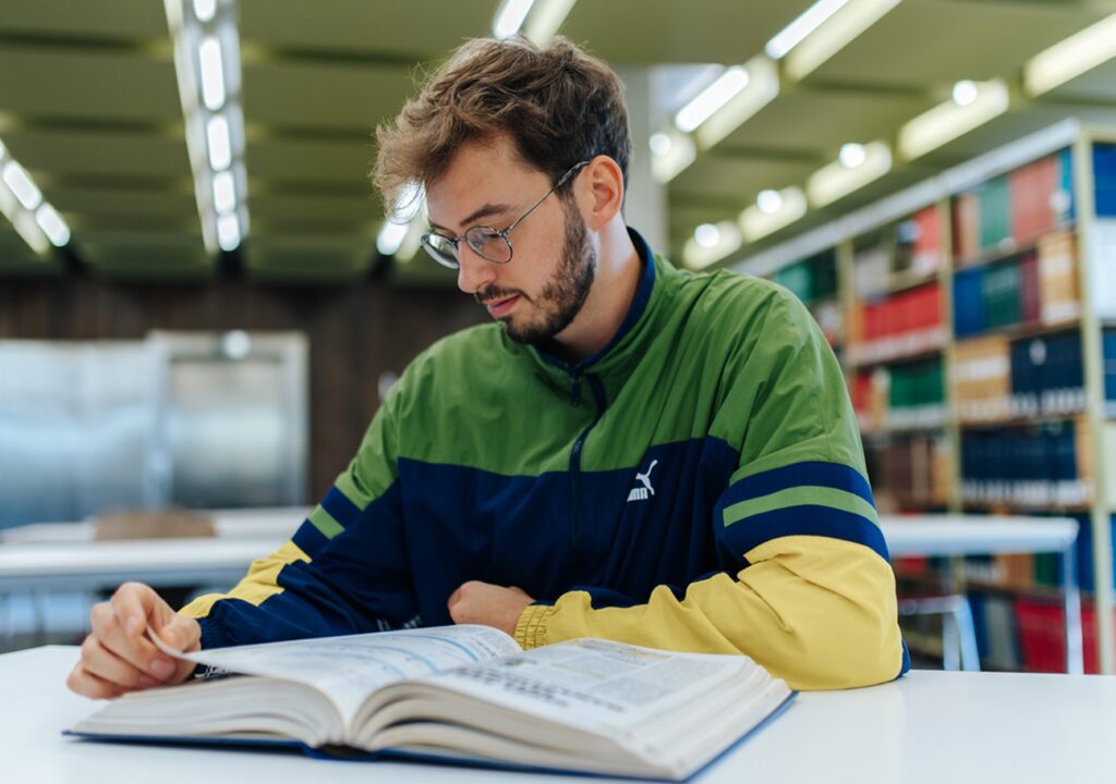 Ein junger Mann sitzt in einer Bibliothek und liest ein Buch. Er trägt eine grüne Jacke.