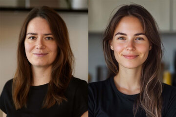 2 Fotos nebeneinander von einer braunhaarigen Frau mit schwarzem T-Shirt. Ein Foto ist natürlich, das andere mit KI generiert.